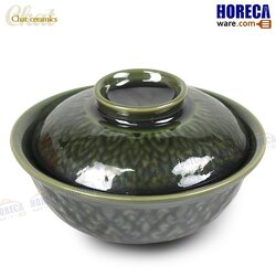 "เขียวดำ" ชามฝาลายไทย 6" ฉัตร