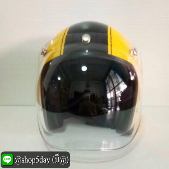 AVEX หมวกกันน็อควินเทจคลาสสิค ราคาถูก รุ่นLB THUNDER สีเหลืองเงาสายฟ้าดำ คิ้วดำ ผ้าดำ พร้อมชิว BUBBLE สีใส