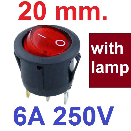 สวิตช์ 2ทาง 3ขา ขนาด 20 mm มีไฟสีแดง. Full circle Round Black Rocker Switch 3 Pin 6A 250V / 10A 125V SPST ON-OFF Snap-in with RED light 20mm Diameter KCD1 สวิทช์