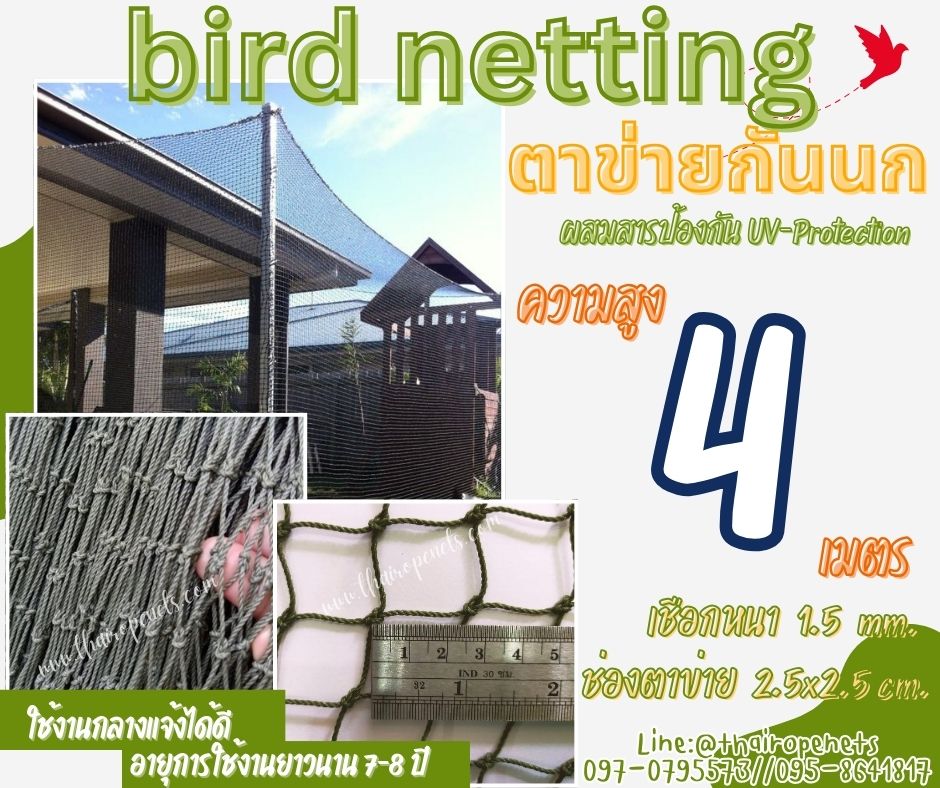 ตาข่ายกันนกเข้าสวนผัก bird netting ความสูง 4 เมตร รุ่นหนา 1.5 มิล ช่องตา 2.5x2.5 cm. กดเลือกความยาวตามต้องการได้เลยค่ะ