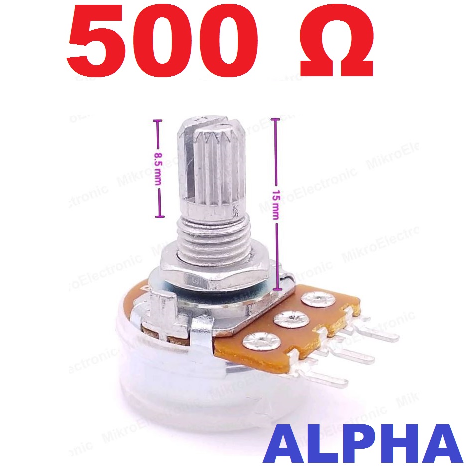 ตัวต้านทานปรับค่าได้ VR ALPHA 500 Ohm B Type แกนยาว 15 มม. Volume 500E