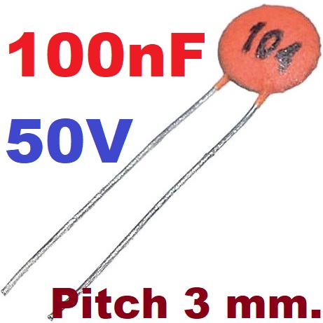 ตัวเก็บประจุแบบเซรามิก 0.1uF (100nF) 50V Ceramic Disc Capacitor Tolerance -20/+80% Dia 5mm Pitch 3 mm.