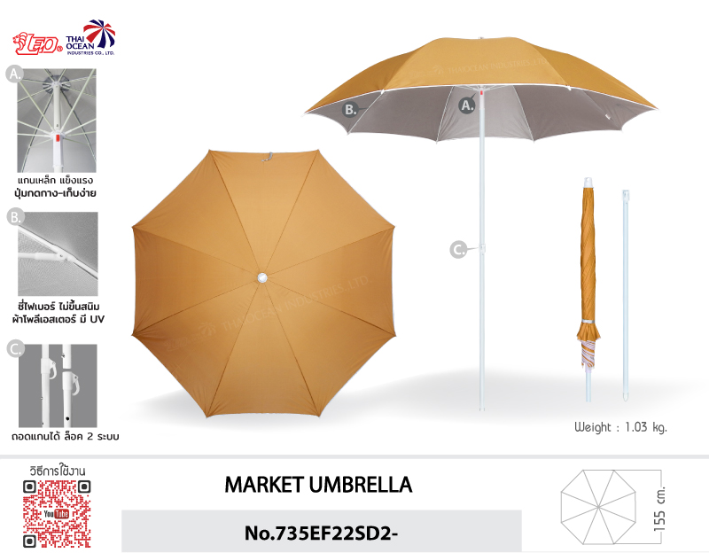 Leo ร่มสนาม สำหรับแม่ค้า,ขายของ,ร้านกาแฟ ขนาดØ1.55เมตร ทรงกลม ไม่มีชาย ซี่ไฟเบอร์ไม่ขึ้นสนิม