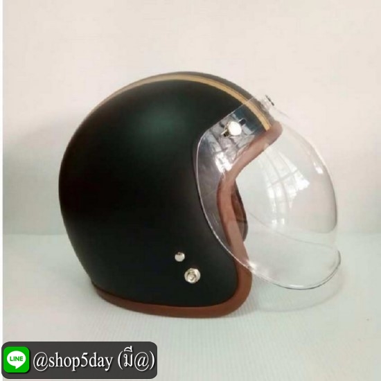 AVEX หมวกกันน็อควินเทจคลาสสิค ราคาถูก รุ่นLB HIGH สีดำด้านคาดทอง คิ้วน้ำตาล ผ้าน้ำตาล พร้อมชิวBUBBLE สีใส