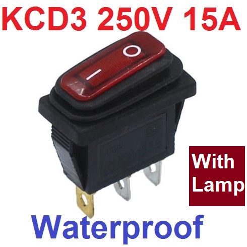 สวิตช์กันน้ำ 2 ทาง 3 ขา มีไฟ LED สีแดง AC 250V 15A KCD3 34x17mm SPST IP65 Protection LED RED color Waterproof Rocker Switch High Current Power Rocker 2 Gear 3 Foot Waterproof Power Switch สวิตช์กระดก
