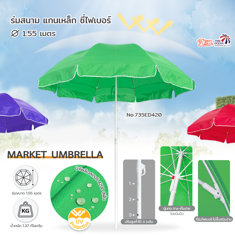 Leo ร่มสนาม แม่ค้า สำหรับขายของ ร้านกาแฟ ขนาด Ø1.55 เมตร ผ้าโพลีเอสเตอร์ 420D