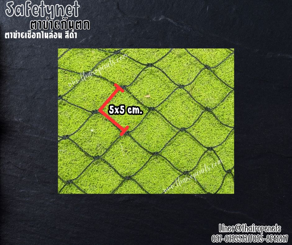 Safetynet ตาข่ายกันตกเชือกไนล่อน สีดำ เชือกหนา 2 มิล ช่องตา 5x5 cm.ผสมสารป้องกัน UV ใช้งานกลางแจ้งได้ดี รับทำตามขนาดที่ต้องการ