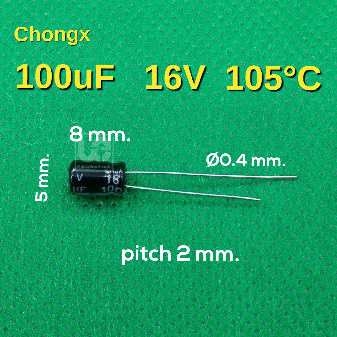 ตัวเก็บประจุ 100uF 16V pitch 2 mm. Chongx radial Electrolytic capacitor