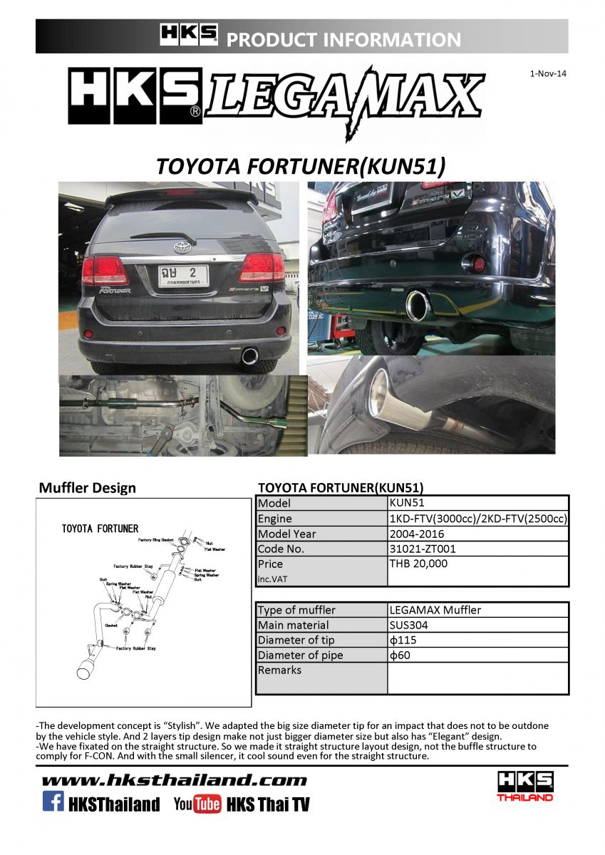 ท่อ HKS สำหรับ TOYOTA Fortuner ตั้งแต่ปี 2004-2016