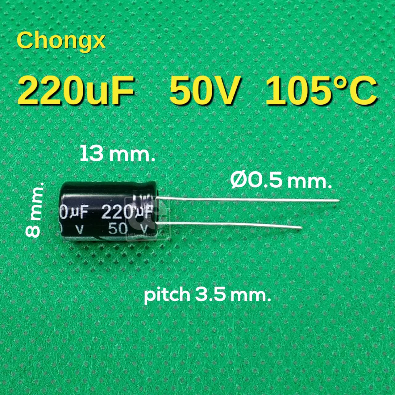 ตัวเก็บประจุ 220uF 50V pitch 3.5 mm. Chongx radial Electrolytic capacitor