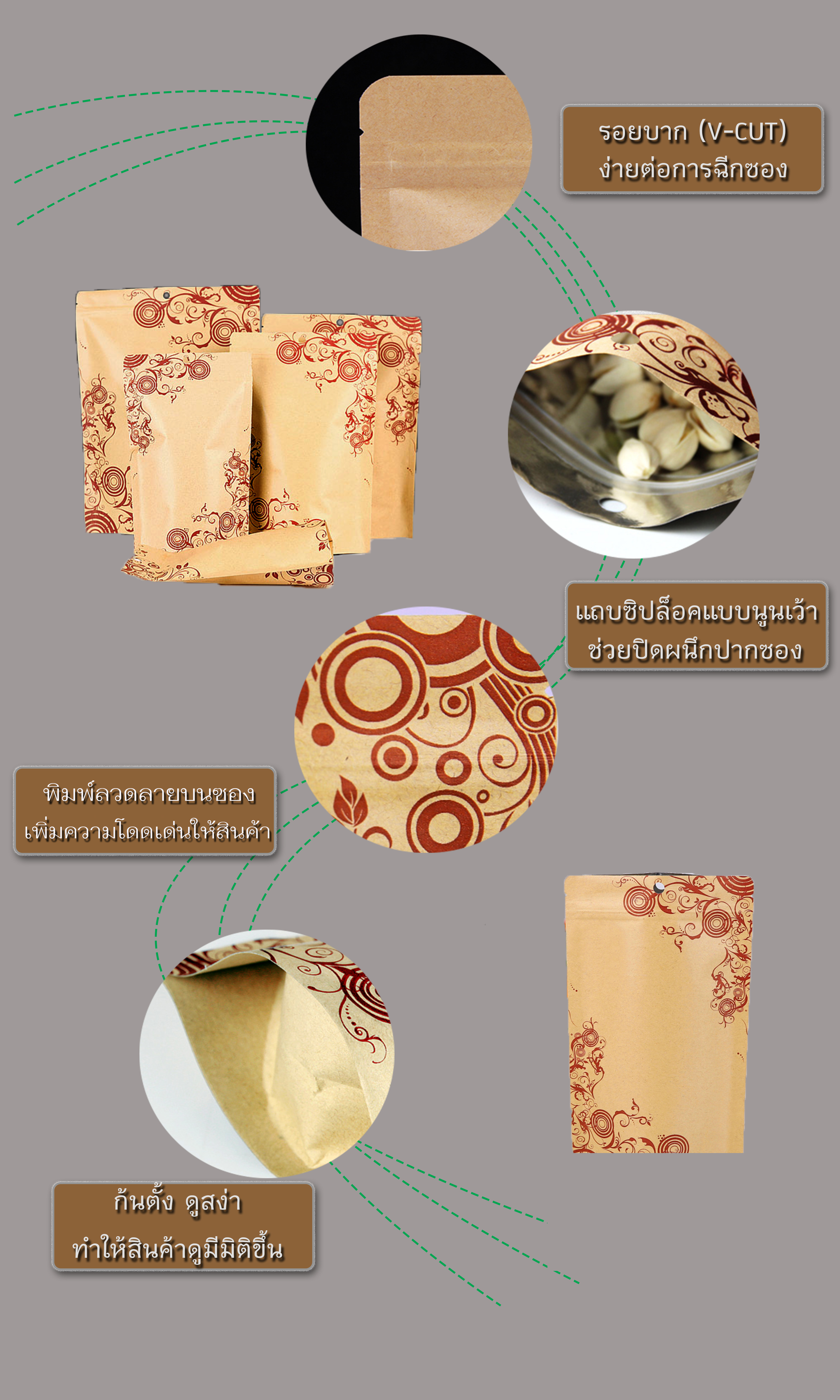 ถุงคราฟท์ทึบ ก้นตั้ง แบบมีซิปล็อค ในฟอยด์ สีน้ำตาล พิมพ์ลาย