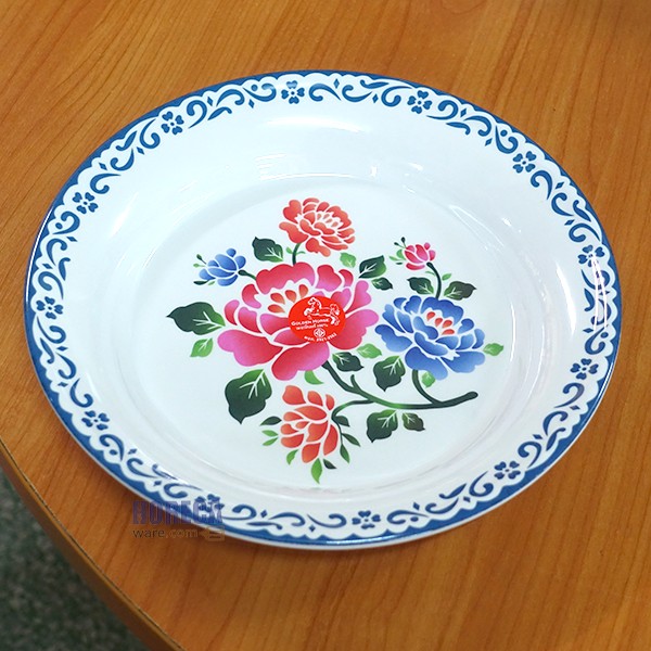 ถาดกลมเมลามีน 9.75 นิ้ว ลายน้ำเงิน ตราม้าทอง