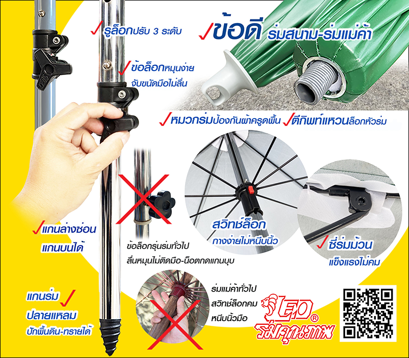 Leo ร่มสนาม แม่ค้า สำหรับขายของ ขนาด2.2เมตร ผ้าD420 กันแดด ซี่ไฟเบอร์ไม่ขึ้นสนิม
