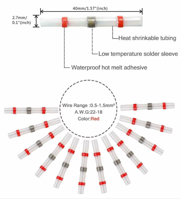 ท่อหดกันน้ำ แบบมีตะกั่วในตัว SST-S21 ใช้กับสายไฟขนาด 0.5-1.5 SQ.MM. แพ็คละ 10 ชิ้น Red Solder Seal Wire Connectors 22-18 AWG solder ring heat shrink tube terminal waterproof