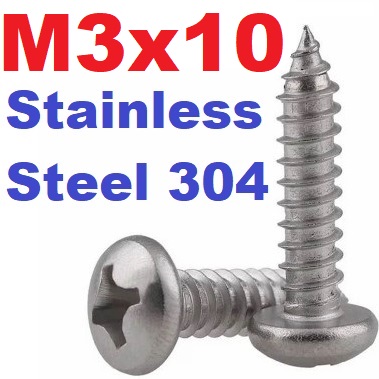 สกรูสแตนเลส 3x10 มม.หัวกลมแฉก สีขาว M3x10 mm. stainless steel 304 round head flat tail self-tapping screw cross groove M3*10mm.