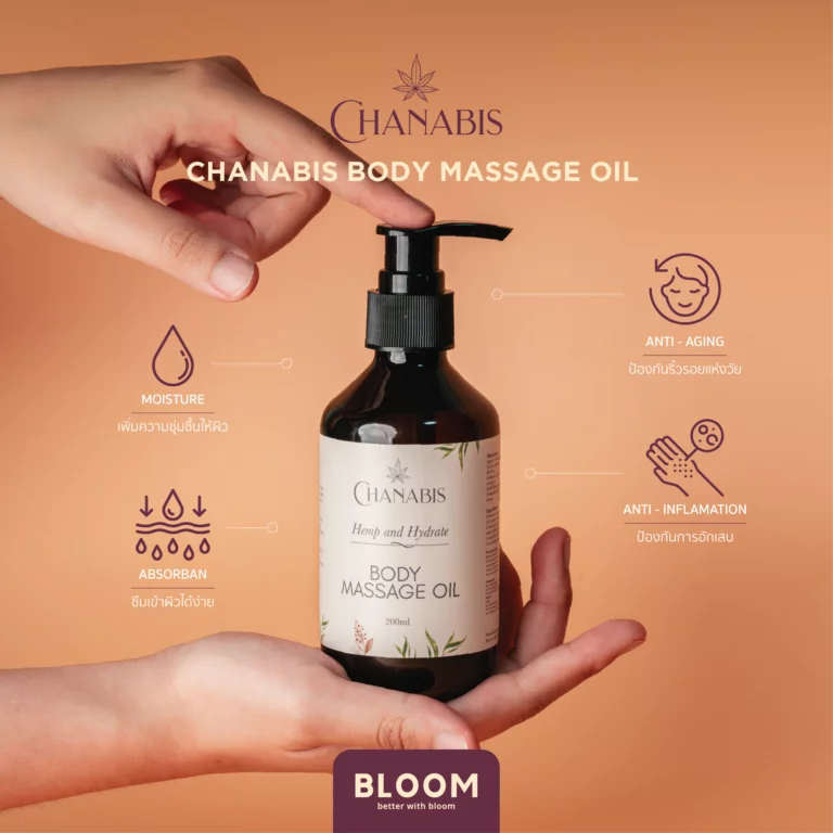 Chanabis Massage Oil น้ำมันนวด หรือ น้ำมันทาผิว แชนนาบิส : Healthy Hut มีส่วนผสมของน้ำมันกัญชง เพิ่มความชุ่ทชื้นให้ผิว