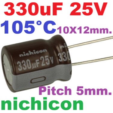 ตัวเก็บประจุ 330uF 25V 105C Pitch 5mm.10x12mm ยี่ห้อ Nichicon radial Electrolytic capacitor