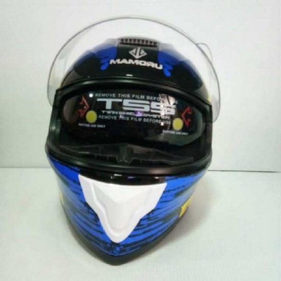 Mamoru หมวกกันน็อคหุ้มคาง ราคาถูก รุ่น mamoru cream สีน้ำเงิน-เหลือง แว่น 2 ชั้น นวมภายในถอดซักได้