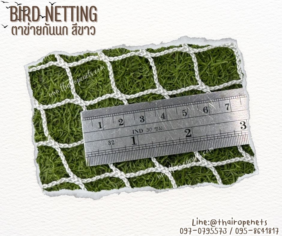 ตาข่ายกันนก bird netting ตาข่ายสีขาว เชือกหนา 2 มิล ช่องตา 2x2 cm. ผสมสารป้องกัน UV ทนทาน ใช้งานได้ยาวนาน รับทำตามขนาดที่ต้องการ