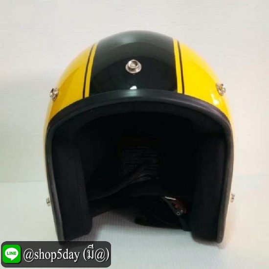 AVEX หมวกกันน็อควินเทจคลาสสิค ราคาถูก รุ่นLB THUNDER สีเหลืองเงาสายฟ้าดำ คิ้วดำ ผ้าดำ