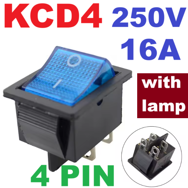 สวิตช์กระดก 4 ขา มีไฟสีน้ำเงิน Rocker Switch 16A 250V (20A 125V) AC Electrical Equipment Switches 4 Pin KCD4 สวิทช์