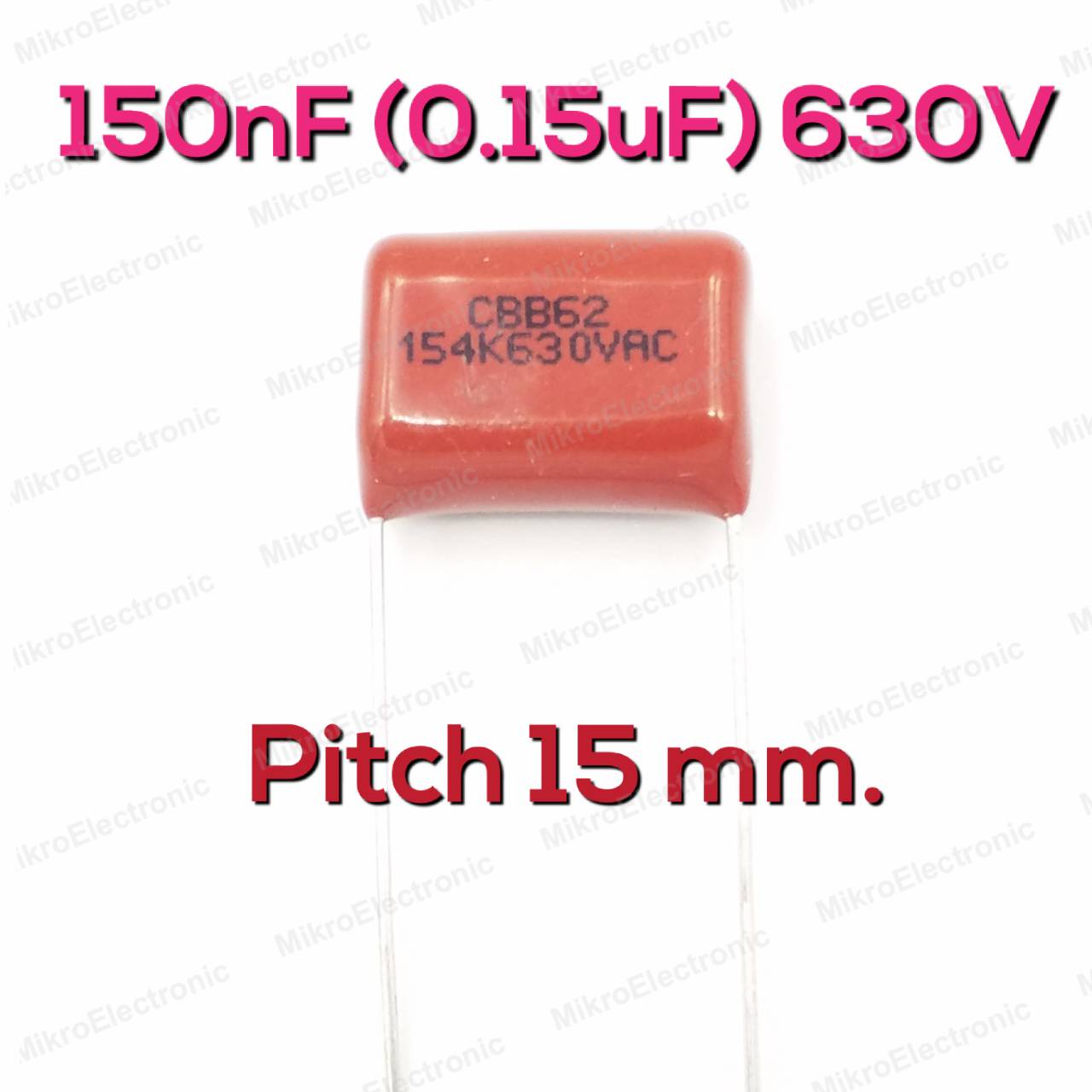 150nF(0.15uF) 630Vdc ±5% Pitch 15mm Metallized Polyester Film Cap ตัวเก็บประจุ คาปาซิเตอร์ แบบฟิล์มโลหะ