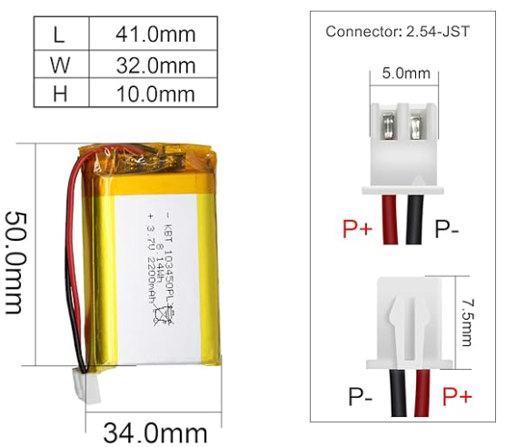 103450PL Li-ion แบตเตอรี่ลิเธียม 3.7V 2000mAh Rechargeable Battery with 2 Pin 2.54 JST Connector ถ่านชาร์จ