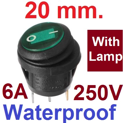 สวิตช์กันน้ำ 2ทาง 3ขา 250V 6A มีไฟ LED สีเขียว ขนาด 20mm KCD1 ON-OFF Waterproof Round Switch 2 Feet Outer Diameter 23mm Hole 20mm Green color สวิตช์กระดก