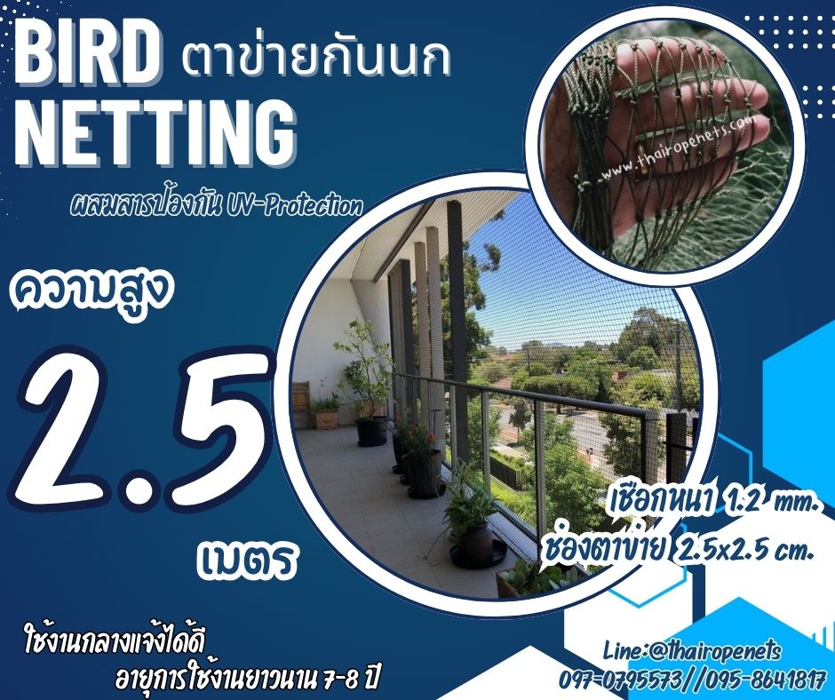 bird netting ตาข่ายกั้นเขตกันนก ความสูง 2.5 เมตร รุ่นหนา 1.2 มิล ช่องตา 2.5x2.5 cm. สีเขียวขี้ม้า กดเลือกความยาวตามต้องการได้เลยค่ะ