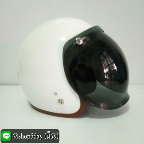 🔥หมวกกันน็อคแนววินเทจสีขาวเงา พร้อมชิวบับเบิ้ลสีดำ