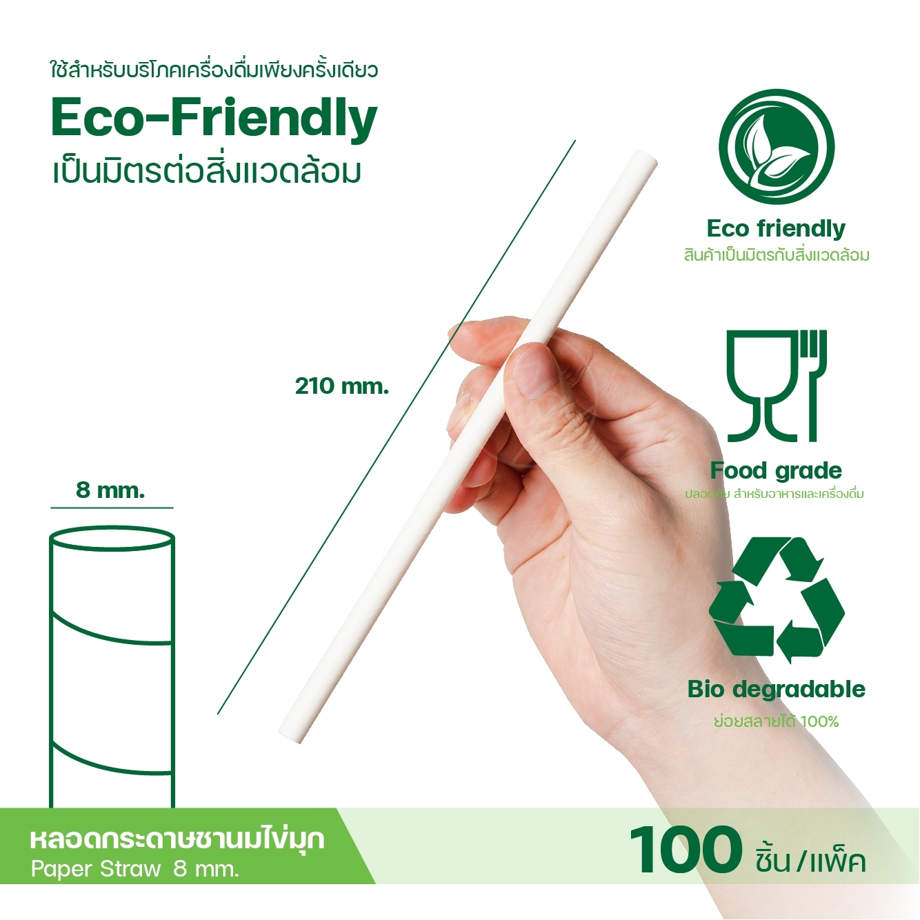 [6,8,12mm] หลอดดูดน้ำ กระดาษ ย่อยสลายได้ หลอดกระดาษ ทรงตรง Paper Straw สีขาว 100 ชิ้น/แพ็ค