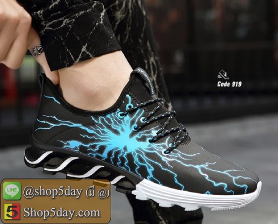 รองเท้าผ้าใบ หนัง PU ลายสุดแนว อินเทรนด์วัยรุ่น (ดำ-ฟ้า)
