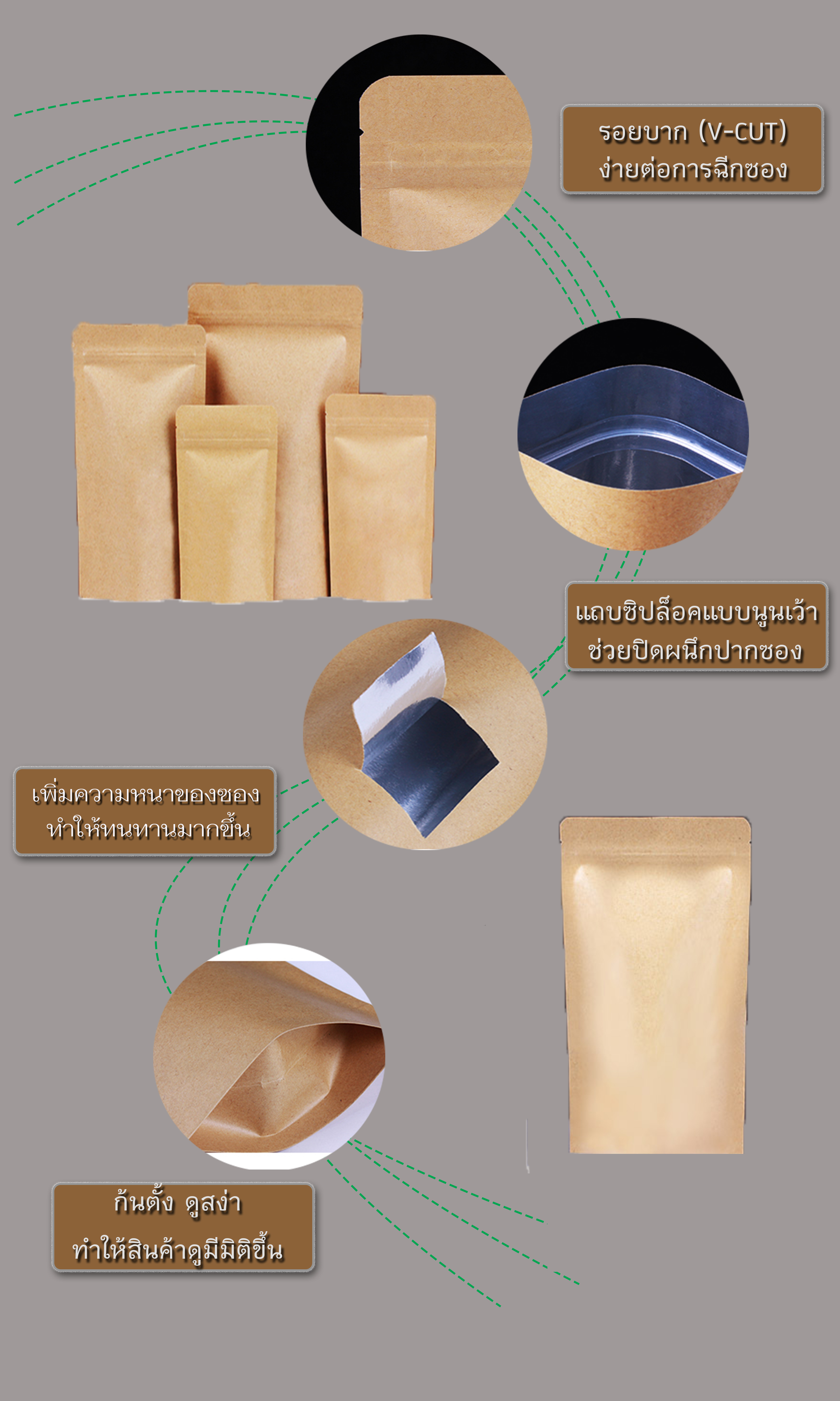 ถุงคราฟท์ทึบ ก้นตั้ง แบบมีซิปล็อค ในฟอยด์ สีน้ำตาล