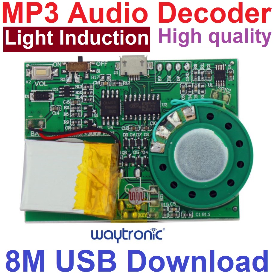 โมดูลเล่นเสียง MP3 แบบทำงานด้วยแสง (LDR) ความจุ 8 MB เสียงดังฟังชัด คุณภาพเสียงดีมาก เป็น SD card ในตัว MP3 Player Light Induction Control Programmable Sound Voice Music Board Module for Greeting Card DIY