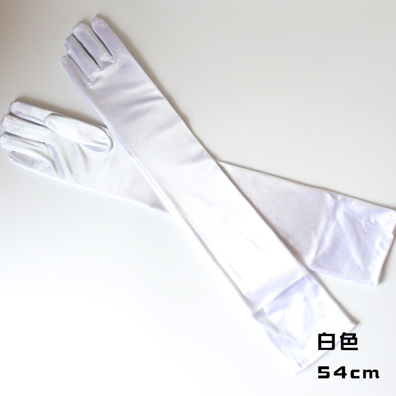 ถุงมือยาวสีขาว ถุงมือยาวเลยศอก ผ้าซานติน ยืดหยุ่นดี ฝามือกว้าง 9,ข้อมือ 8,ต้นแขน10 ซม. ยาว 52 ซม. แนะนำ 8 ขวบขึ้นไปจนถึงผู้ใหญ่