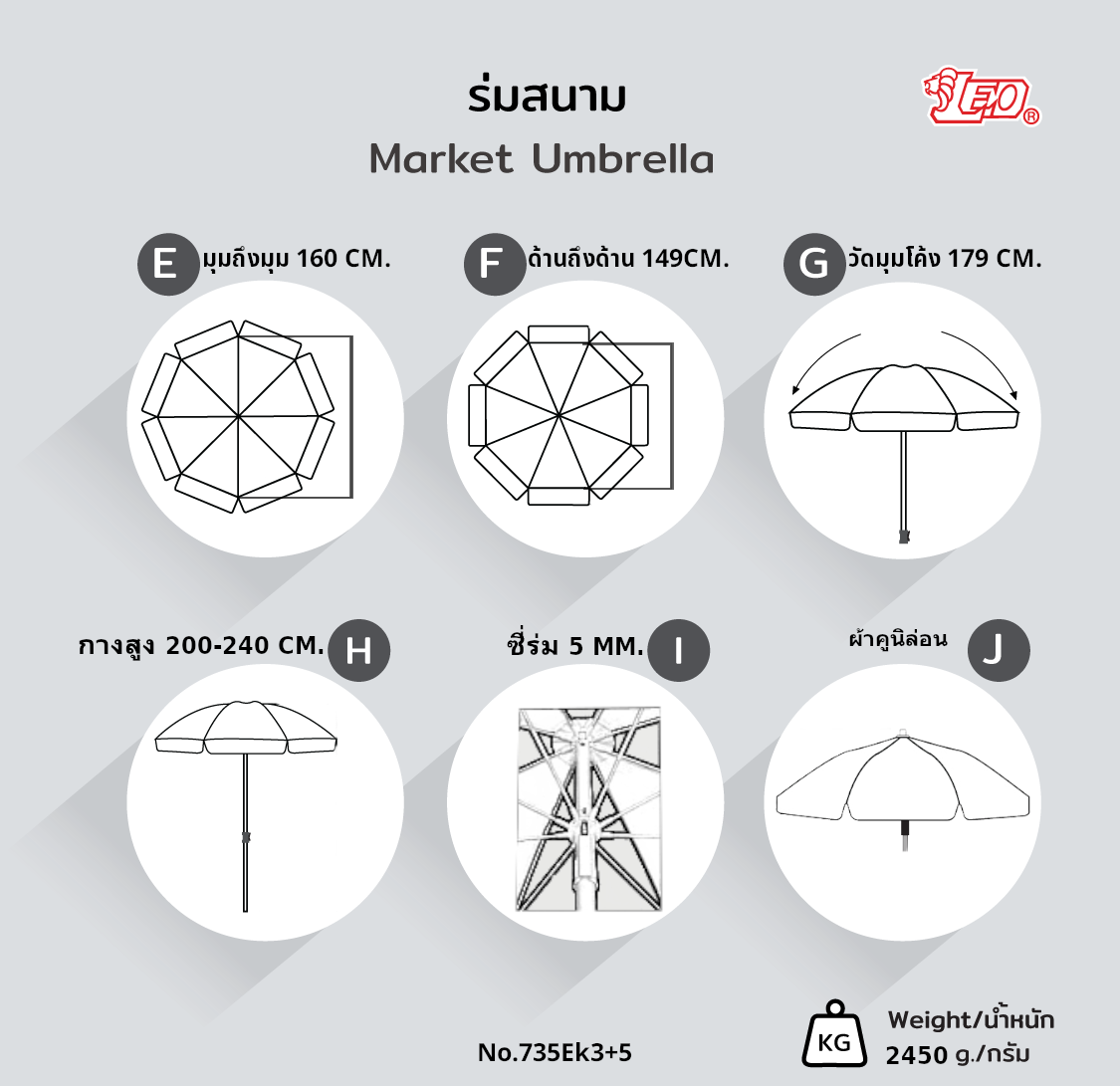 ร่มสนาม-แม่ค้า ทรงกลม ขนาด Ø 1.55 เมตร ผ้าคูนิล่อน *ราคาไม่รวมขาตั้ง