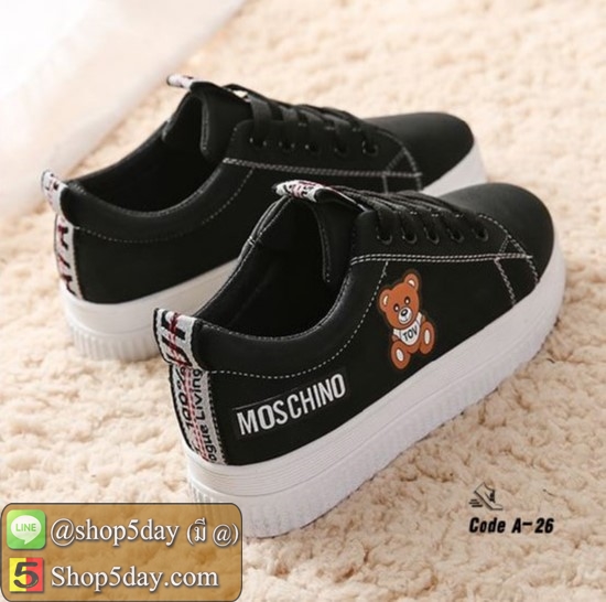 รองเท้าผ้าใบหนัง PU ดีไซน์น่ารักๆ รูปหมี TOV (สีดำ)