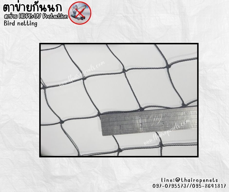ตาข่ายกันสัตว์ กันนก สีดำ bird netting เชือกหนา 1.5 มิล ช่องตา 5x5 cm.ผสมสารป้องกัน UV รับทำตามขนาดที่ต้องการ