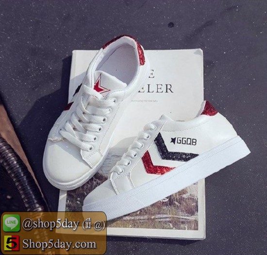 รองเท้าผ้าใบ สไตล์เกาหลี ตกแต่งลายเก๋ๆ (แถบแดง)