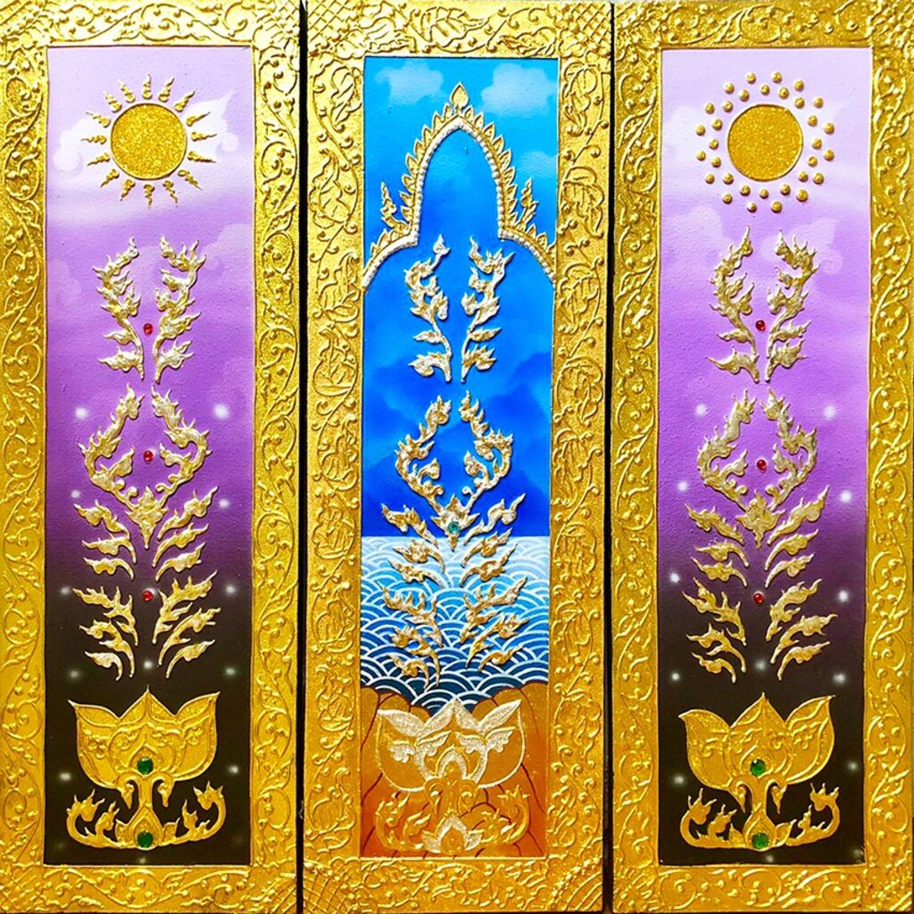 ภาพวาดดอกบัวทอง ภาพวาดติดผนัง ใช้ตกแต่งผนังห้อง เสริมมงคล รับทรัพย์ ภาพติดฝาผนัง ภาพติดผนังห้อง ใช้ตกแต่งผนังห้อง E0039