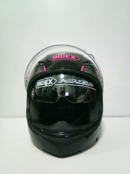 INDEX หมวกกันน็อค รุ่น TESLA ถอดคางได้ มีแว่น 2 ชั้น สามารถถอดคางได้ สีดำตัดชมพูหวาน