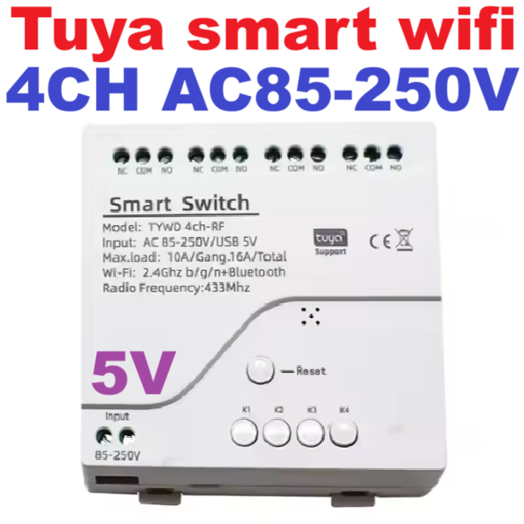Tuya smart wifi access control relay inching self-locking interlocking module remote control switch AC 85-250V,Micro USB 5V input.