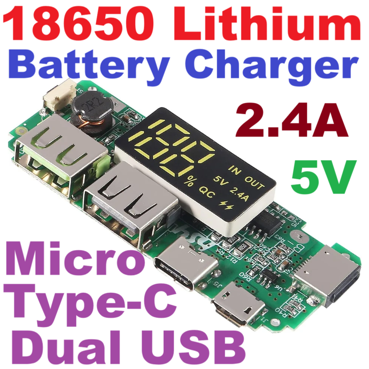 18650 5V 2.4A Lithium Battery Digital Display Charging Module with Dual USB Display Booster Module