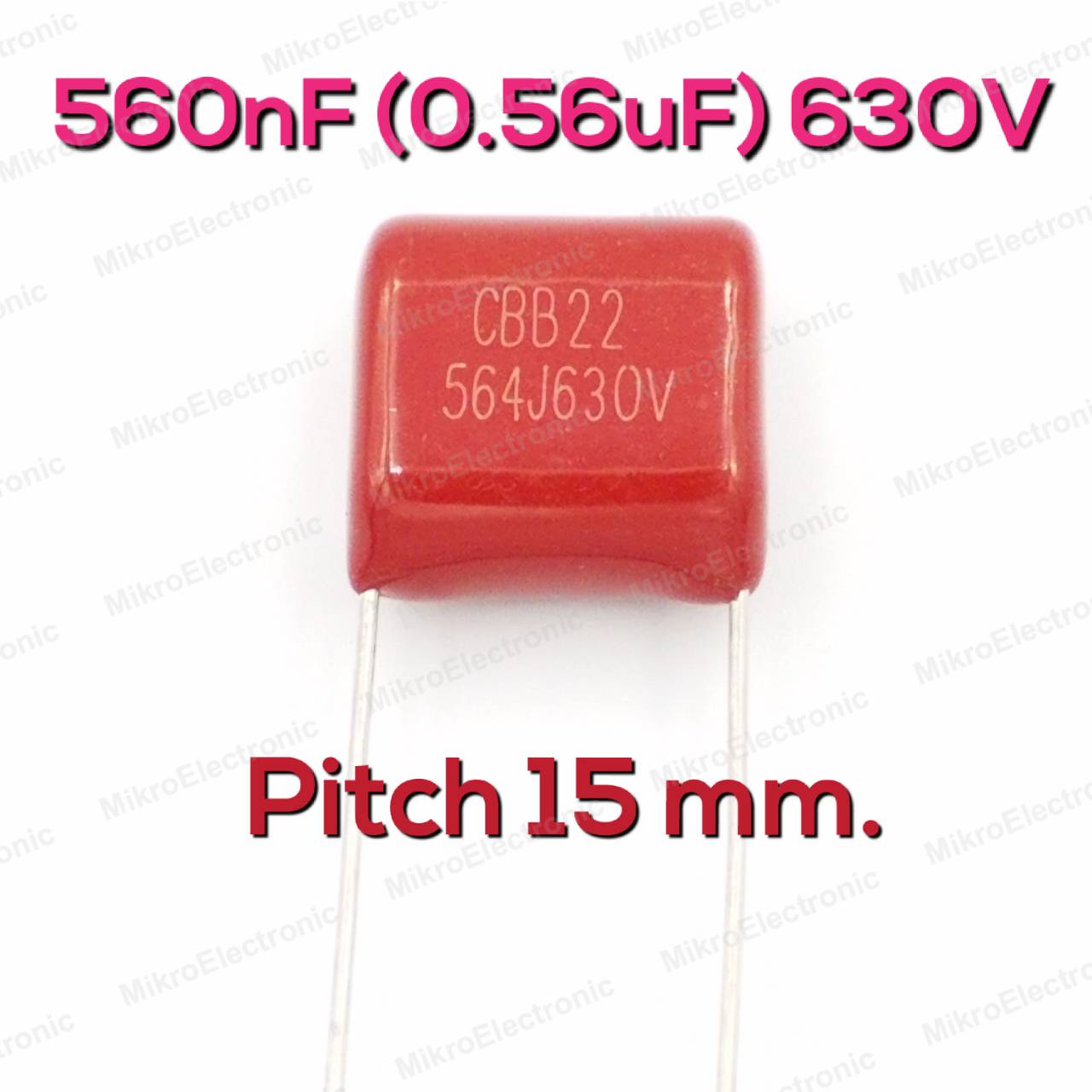 560nF(0.56uF) 630Vdc ±5% Pitch 15mm Metallized Polyester Film Cap ตัวเก็บประจุ คาปาซิเตอร์ แบบฟิล์มโลหะ