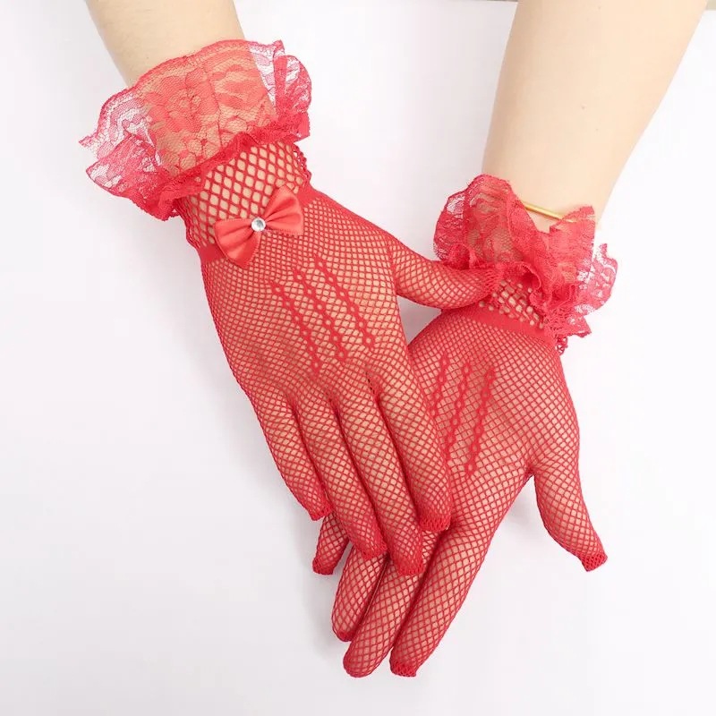 ถุงมือตาข่ายยืดโบว์ติดเพชร ลูกไม้สีแดง ลายลูกไม้สวย เหมาะเด็กโตถึงผู้ใหญ่