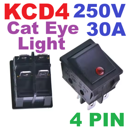 สวิทช์ 2 ทาง 4 ขา 30A 250V KCD4 4-PIN 2 Position Mini Rocker Switch with Cat Eye Light 220V LED Rocker Switch AC 30A 250V