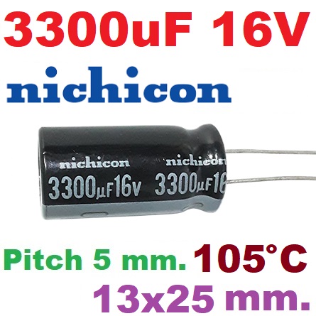 ตัวเก็บประจุ 3300uF 16V Pitch 5 mm.105C 13x25mm Nichicon