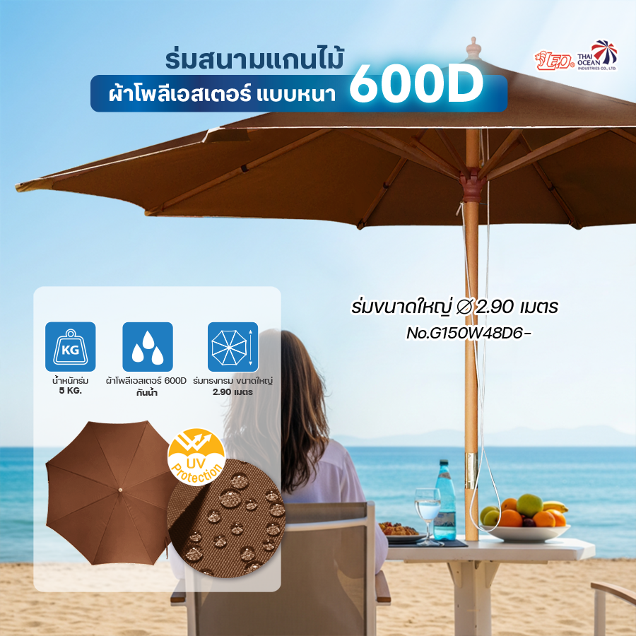 Leo ร่มสนามแกนไม้ ขนาดใหญ่ สำหรับตกแต่งร้านโรงแรม,สวน,ร้านอาหาร,ร้านกาแฟ ผ้าหนา600D