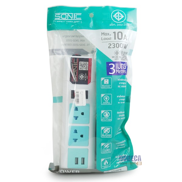 ปลั๊ก 2 ช่อง 3 เมตร 10A มีช่อง USB 2300 วัตต์ ตราโซนิค