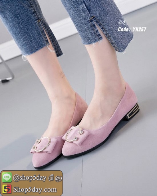 รองเท้าคัชชูส้นเตี้ย ดีไซน์ทรงหัวแหลม (ชมพู)
